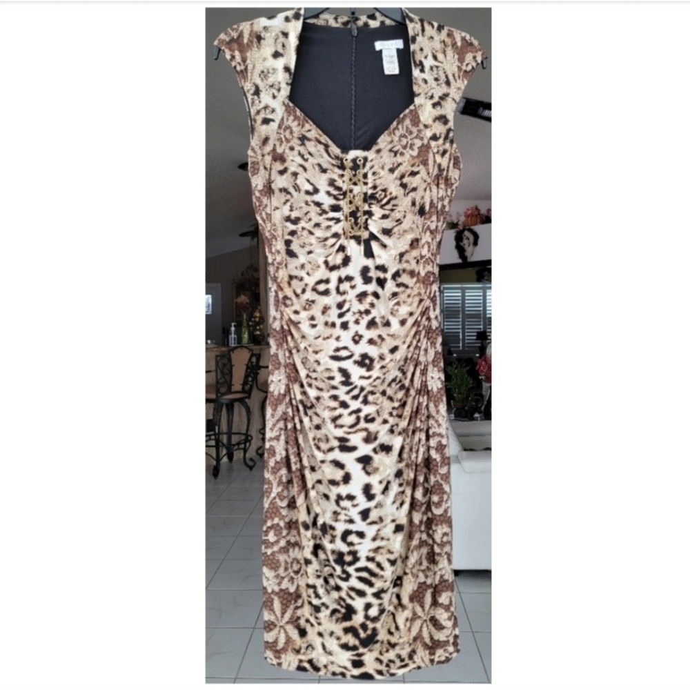 Cache Leopard Print Bodycon Women's Dress with Gold Tie Tassel, Size S - Picture 3 of 12